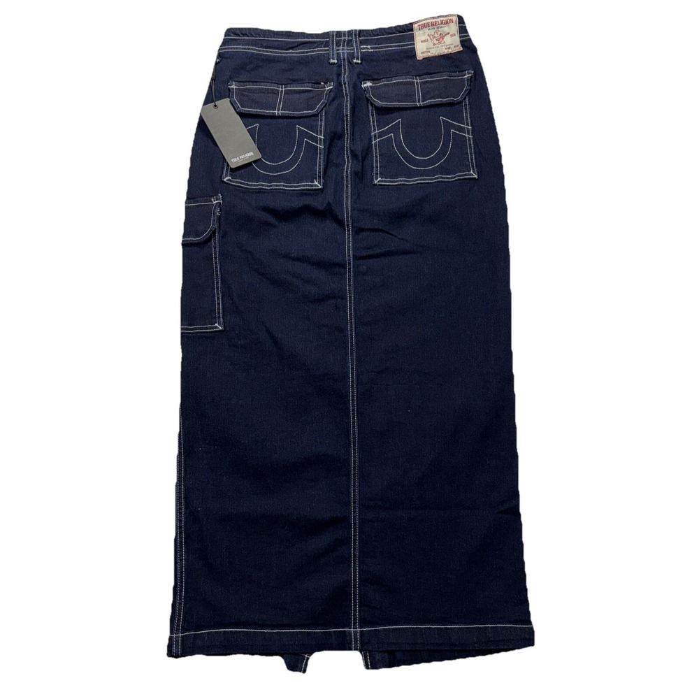 NWT True Religion Cargo Maxi Skirt‎ Women's 27 Blue Denim Stretch Flap Pockets
